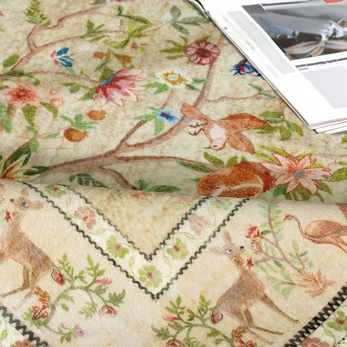 3x5 Area Rug Washable, Non-Slip Small Rug Carpet, Floral Boho Low Pile Soft Throw Rugs for Entryway, Bedroom, Kids Room, Dorm, Office, Nursery, Vintage Home Decor(Beige)