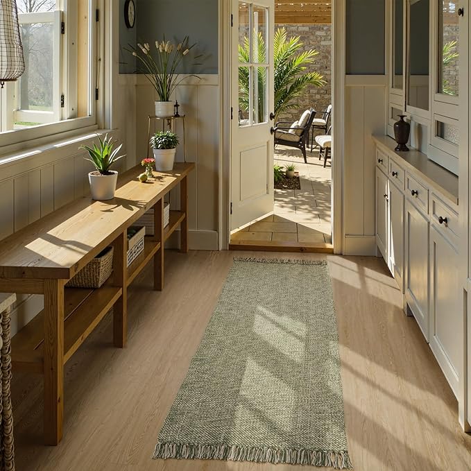 Collive 2x6 Hallway Runner Rug, Hand-Woven Washable Reversible Entryway Runner Rug, Natural/Green Cotton Farmhouse Laundry Room Rug Modern Long Carpet for Bedroom Bathroom Sink Foyer
