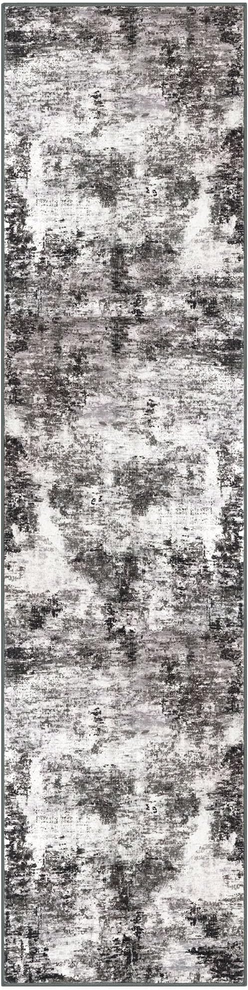 Modern Abstract Hallway Runner Rug, Black Grey 2x8 Runner Rug, Washable Kitchen Runner Non-Slip Soft Thin Print Faux Wool Carpet for Entryway Bedroom Laundry Room Indoor