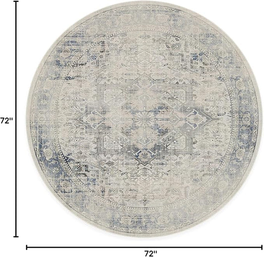 RUGGABLE Washable Vintage Area Rug – Kamran Blue Quartz 6 ft Round, Stain-Resistant, Non-Slip – Medium Machine Washable Rugs for Living Room, Bedroom, Hallway, Entryway & Office–with Cushioned Pad