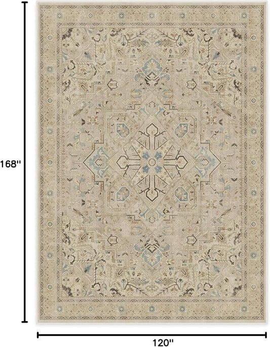 RUGGABLE Washable Vintage Area Rug – Kamran Ivory Opal 10x14, Stain-Resistant, Non-Slip – Large Machine Washable Rugs for Living Room, Bedroom, Hallway, Entryway & Office–with Cushioned Pad