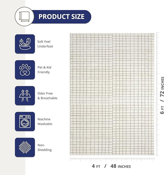 Abani Cream Grid Textured Area Rug - 4' x 6' - Chunky, Plush and Soft Washable Carpet - Perfect for Living Room & Bedroom - Plush Deco Collection