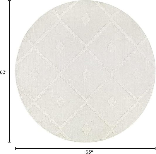 Antep Rugs Palafito 5x5 Geometric Shag Diamond High-Low Pile Textured Indoor Area Rug (White, 5'3" Round)
