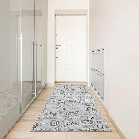 Ambesonne Video Games Decorative Rug, Monochrome Sketch Gaming Design Racing Monitor Device Gadget Teen 90's, Quality Carpet for Bedroom Dorm and Living Room, 2' 5" x 7' 5", Pale Grey