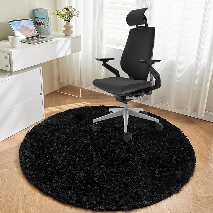 Andency Black Round Area Rug 5x5 for Bedroom, Fluffy Shag Circle Rug for Room, Faux Fur Carpet for Home Decor, Fuzzy Plush Circular Rug for Living Room, Playroom