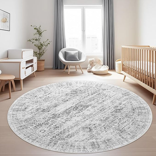 6x6 Grey Round Rug 6ft Living Room Circle Rug Gray Vintage Round Area Rug Non Slip Indoor Carpet for Dining Room Bedroom