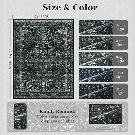 Dark Distressed Washable Area Rugs 9x12 Living Room, Black Vintage Medallion Printed Big Carpet Rugs for Bedroom, Washable Non Slip Low Pile Thin Rugs for Dining Room Home Office