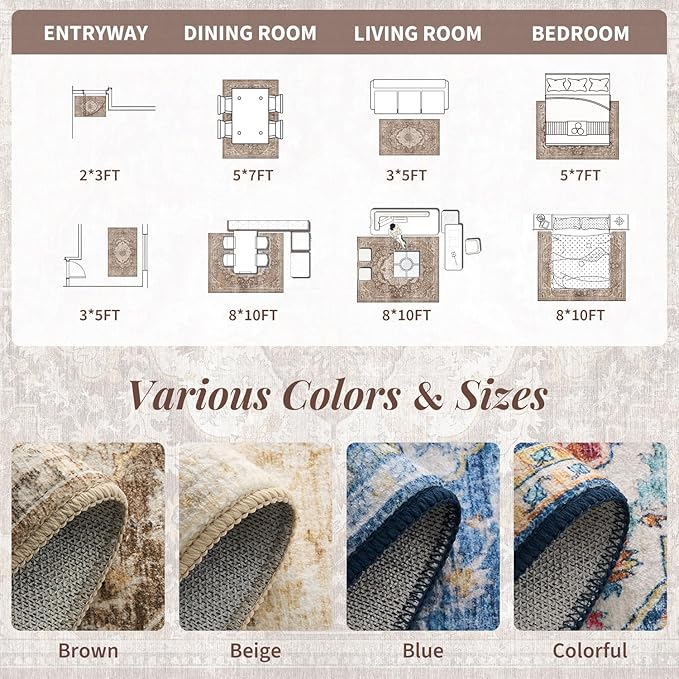 tchdio 5x7 Area Rugs for Living Room, Vintage Non Slip Washable Rug, Soft Low Pile Area Rug Large Floor Indoor Carpet for Bedroom, Dining Room, Office (Brown, 5'x7')