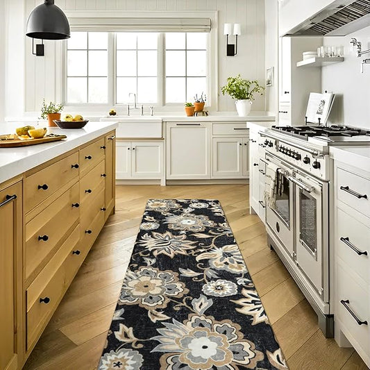 Lahome Floral Washable Runner Rug - 2x6 Runners for Hallways Non-Slip Low-Pile Kitchen Rug, Black Paisley Print Carpet for Laundry Bedroom Entryway ((2’X 6’, Blacak)