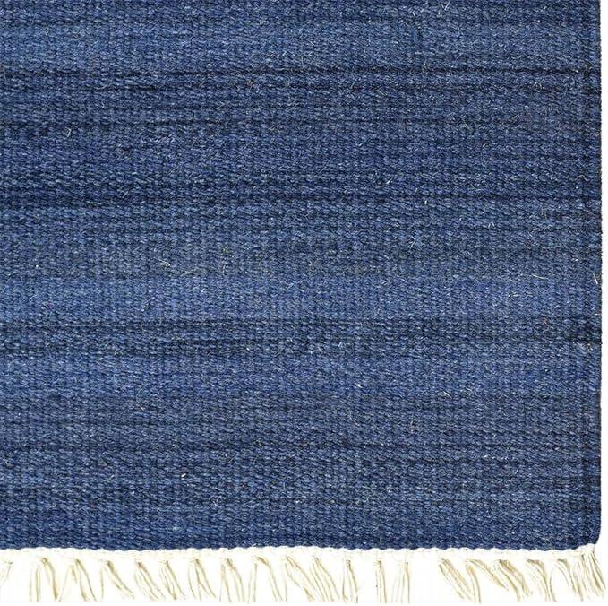 Rugsotic Carpets Hand Woven Flat Weave Kilim Wool ECO-Friendly Area Rugs - 3'x5', Rectangle Shape, Blue Color, Solid Plain Design, Low Pile Handmade Area Rugs for Living Room, Bed Room (D00111)