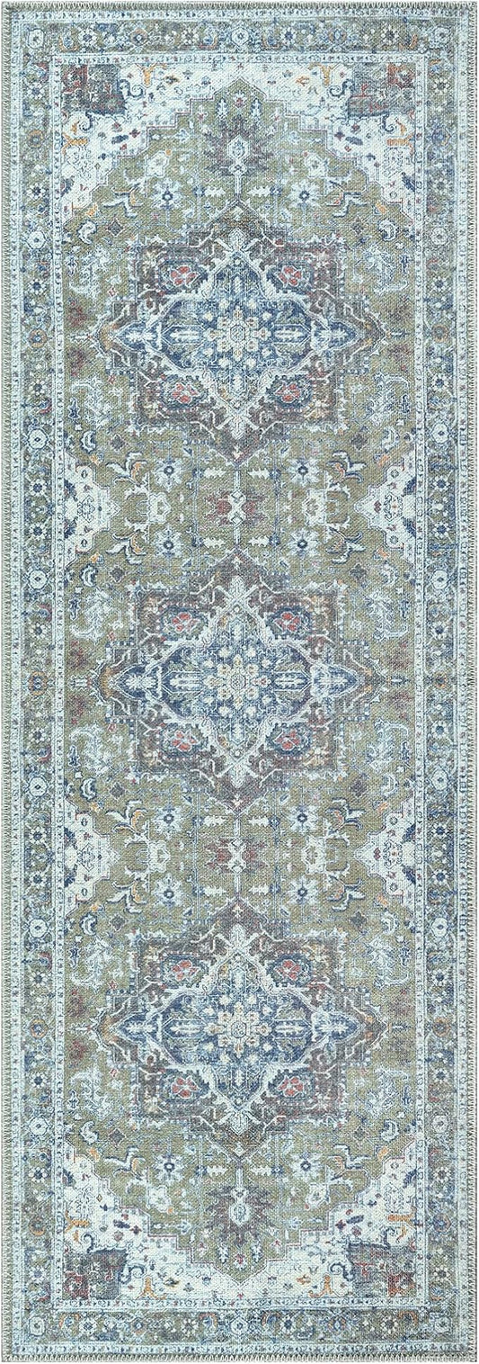 Bloom Rugs Washable Non-Slip 12 ft Runner - Green/Blue Traditional Medallion Runner for Entryway, Hallway, Bathroom, and Kitchen - Exact Size: 2.5' x 12'