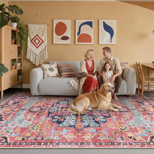 Lahome 8x10 Area Rugs for Living Room, Washable Rugs for Bedroom Aesthetic Large Dining Room Rugs for Under Table, Bohemian Printed Low Pile Nursery Carpet for Playroom Home Office, Fuchsia/Multi