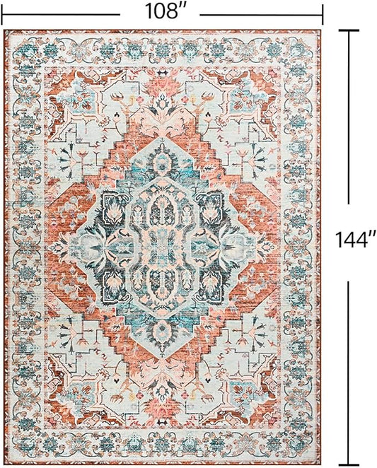 YJ.GWL Area Rugs for Living Room 9x12 Machine Washable Rugs, Non Slip Floral Vintage Rug Indoor Carpet, Stain Resistant Large Rug for Bedroom Dining Room, Copper Tan