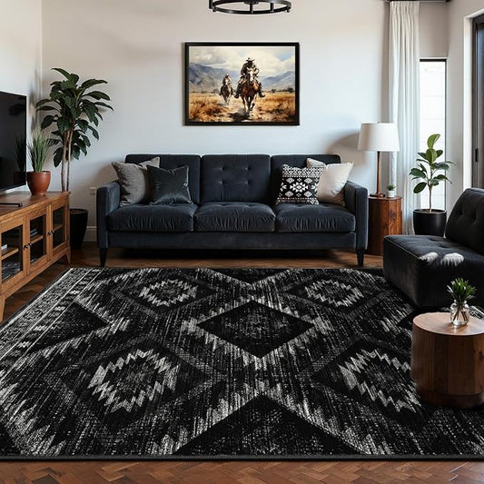 Area Rug 5x7 Rug Machine Washable Non-Slip Low Pile Print Pattern Western Rug for Living Room Bedroom Entryway Tribal Series -Black