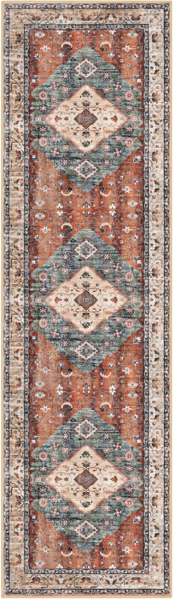 KOZYFLY Long Runners for Hallways 3x10 Ft Washable Kitchen Runner Rug Boho Runner Rug for Entryway Indoor Rust/Orange/Blue Printed Oriental Faux Wool Stair Floor Carpet Runner for Stair Kitchen Hall