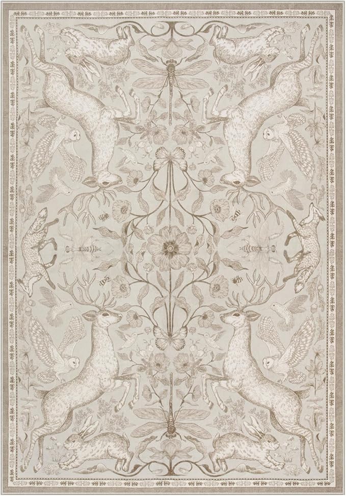 Lahome Boho Animal 6x9 Washable Living Room Area Rugs, Beige Soft Rugs for Bedroom, Botanical Large Boho Non Slip Dining Room Carpet for Under Table Office Kids Playroom (6x9ft,Beige)
