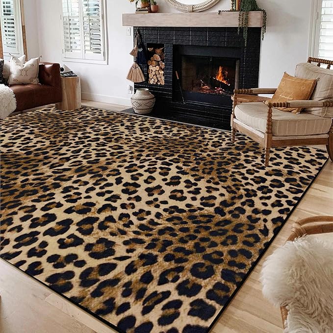 Leopard Rug 5x7 Washable Animal Print Rug Living Room Large Carpet Soft Non-Slip, Non-Shedding Brown Carpet for Office Dormitory Bedroom