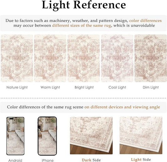 Washable Rug 8x10 Area Rug for Living Room Pink Vintage Boho Medallion Large Distressed Retro Carpet Non Slip Indoor Low Pile Small Soft Bedroom Dining Room Home Office