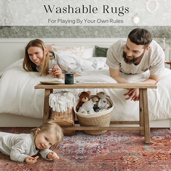 Phantoscope Washable Area Rug 9'x12' Non-Slip, Vintage Neutral Fall Rugs for Living Room, Bedroom, Dining Room, Distressed Boho Medallion Pattern, Low-Pile Foldable Floor Carpet, Rust Orange