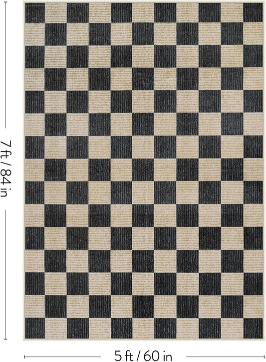 Machine Washable 5x7 Area Rugs for Living Room Checkered, Non Slip Soft Low Pile Farmhouse Geometric Modern Neutral Playroom Boys Rugs for Bedroom, Large Carpet Rugs for Dining Room(Black,5'x7')