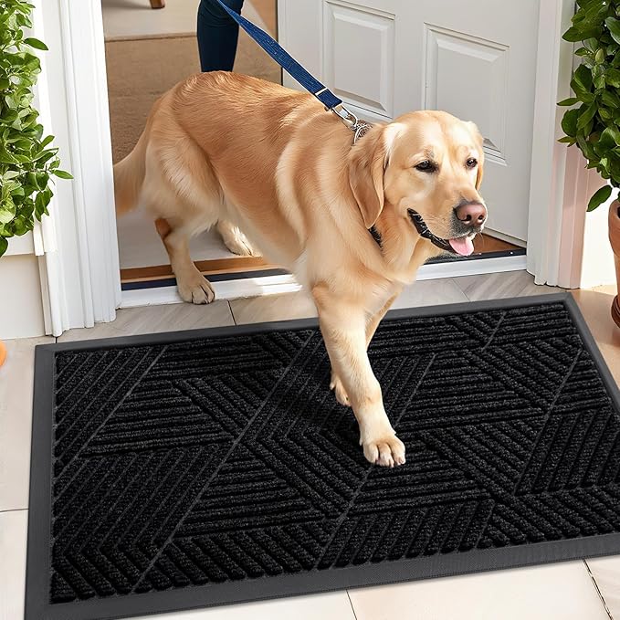 Kitinjoy Front Door Mat Outside Entrance, Sturdy Natural Dirt Trapper, Heavy Duty Rubber Doormat, Low Profile Non-Slip Backing, Easy Clean Floor Mat for Indoor Outdoor Entry, 47X32 Inch, Black