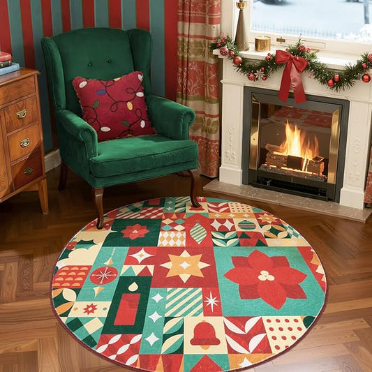 jinchan Round Christmas Rug 4ft for Entryway Washable Circle Christmas Bedroom Rug 4' Round Xmas Geometric Non-Slip Soft Carpet Festive Red-Green Holiday Patch Decor for Kitchen Living Room Porch