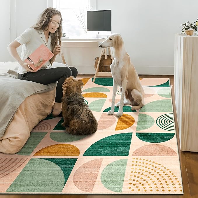 MUJOO Green Washable Rugs 9x12,Boho Area Rugs for Living Room Bedroom Dining Room,Large Throw Floor Carpet Non Slip Soft Modern Abstract Sage Green
