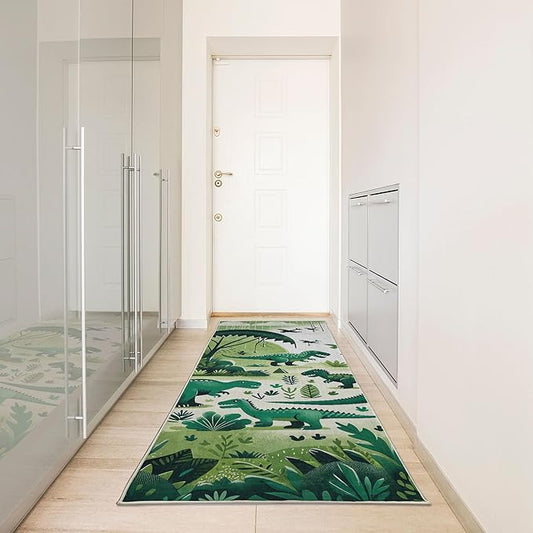 Ambesonne Dinosaur Decorative Rug, Modern Artwork of Jurassic Scenario with Dino Animals and Wild Jungle, Quality Carpet for Bedroom Dorm and Living Room, 2' 5" x 7' 5", Jade Green Teal White