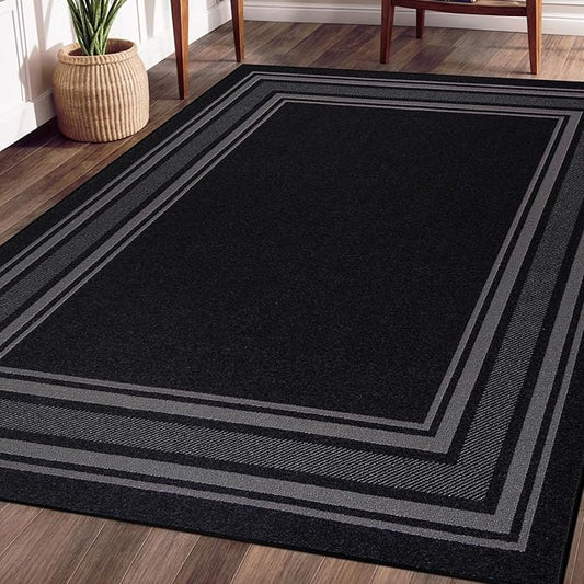 Beverly Rug Non Slip Area Rugs 5x7 Modern Bordered Non Skid Rubber Backing Soft Area Rug for Living Dining Room Easy to Clean Non Shedding Kitchen Bedroom Indoor Carpet 5 x 7 Black