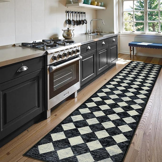 Lahome Checkered Washable 2x12 Runners for Hallways Non Slip, Black Kitchen Bathroom Runner Rugs, Modern Trellis Ultra-Thin Indoor Carpet Runner for Bedroom Dorm Classroom Decor (2'x12',Black)