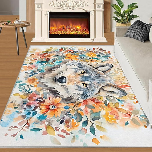 3x4 Wolf Rugs for Entryway - Watercolor Florals Kids Bedroom Rug, Animals Mudroom Rug Soft for Coffee Shop Living Room Under Table Game Room
