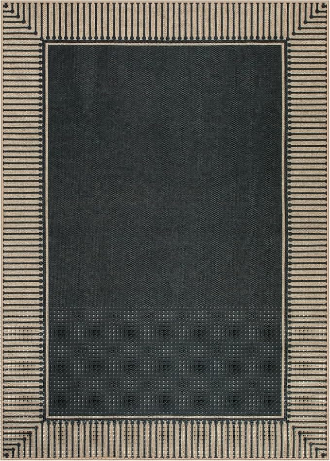 Moynesa Striped Border Easy Jute Outdoor Rug 5x7 Area Rugs for Living Room, Washable Indoor Outdoor Patio Rug Non Slip Low Pile, Black Farmhouse Carpet for Backyard Bedroom Dining Room