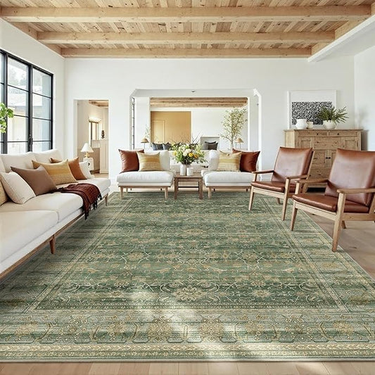 HelloTree Washable Rugs 8x10 Area Rug for Living Room, Vintage Boho Green Rug Non Slip Carpet Retro Accent Indoor Mat Print Distressed Low Pile Throw Large Rug for Office Dining Room Bedside-Green