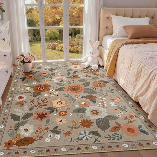 Floral 5x7 Area Rug Machine Washable Soft Print Boho Carpet Non Slip Doormat Low Pile Flower Area Rugs for Living Room Bedroom Nursery Kitchen Dining Room Indoor-Brown/Brick