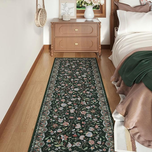 Rugcomf Vintage Paisley Kitchen Runner Rug 2'x6' - Machine Washable, Non-Slip Low Pile Floral Carpet for Laundry, Bedroom, Bathroom - Green