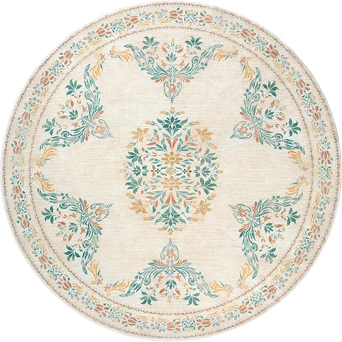 jinchan Round Rug 8ft Area Rug Vintage Floral Distressed Design Machine Washable Soft Non-Slip Low-Pile Ultra-Thin Circle Rug for Living Room Dining Room Bedroom Home Office (8' Round, Apricot Multi)
