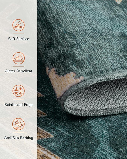 Area Rug 3x5 Rug Machine Washable Non-Slip Low Pile Print Pattern Western Rug for Living Room Bedroom Entryway Tribal Series -Teal/Green