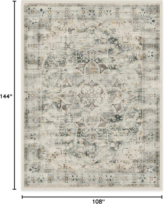 RUGGABLE Washable Vintage Area Rug – Sarrah Sage 9x12, Stain-Resistant, Non-Slip – Large Machine Washable Rugs for Living Room, Bedroom, Hallway, Entryway & Office–with Standard Pad