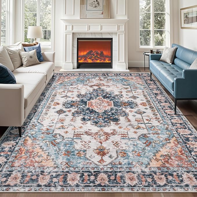 Tangsoo 5x7 Area Rug Washable Rug for Living Room, Vintage Rug Indoor Non Slip Large Area, Print Distressed Blue Carpet, Soft Low Pile Foldable Floor for Bedroom Dining Room Dorm