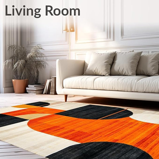 Flatwoven High Traffic Area Rug 8x10, Copper Black Orange Geometric Abstract Design, Non Slip, Stain Resistant, Washable Area Rugs for Living Room, Bedroom (Orange, 8x10)