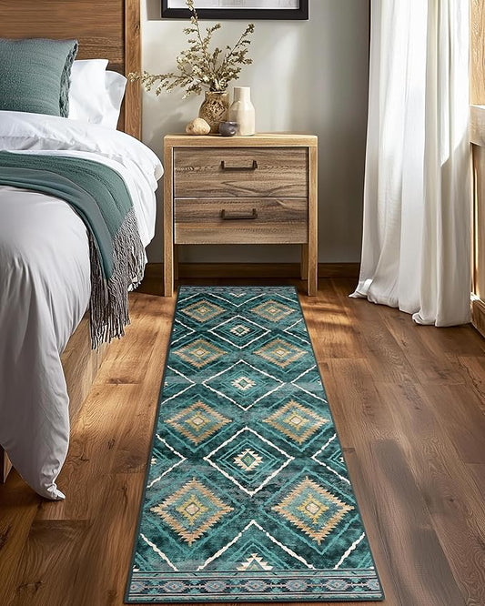 Area Rug 2x10 Rug Machine Washable Non-Slip Low Pile Print Pattern Western Rug for Living Room Bedroom Entryway Tribal Series -Teal/Green