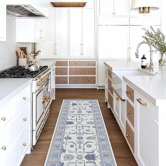 Fame Living Cream Blue Oushak Runner Rug, Modern Runners, Vintage, Turkish, Eclectic, Floral, Pastel, Washable, Long Runner Rugs for Hallway, Kitchen, Living Room, Bedroom, Kitchen, Bathroom, 2'5"x13'
