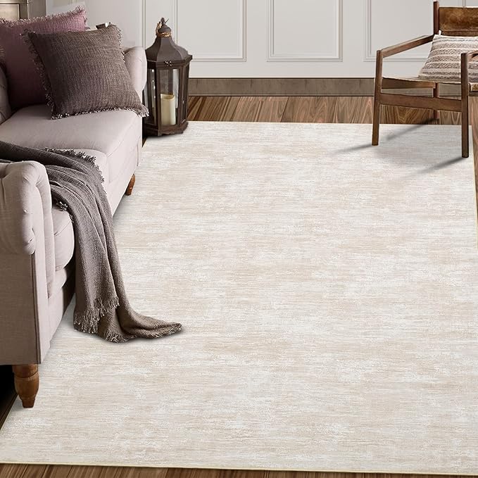 RUGSREAL Living Room Area Rug 9x12 Machine Washable Rug Non-Slip Stain Resistant Modern Abstract Bedroom Rug Contemporary Throw Floor Carpet for Dining Room Solid Area Rug for Home Office, Beige