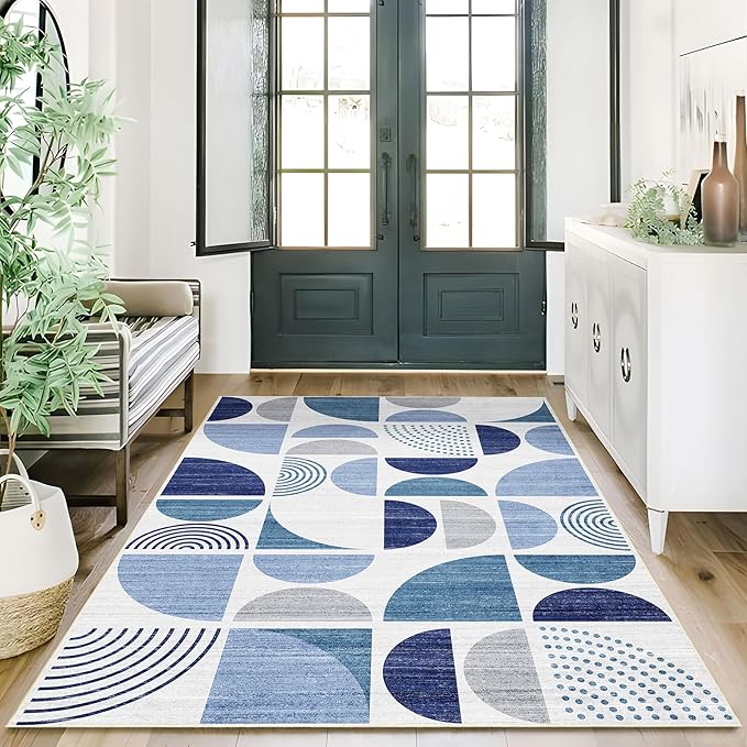 MUJOO 3x5 Rug Washable,Blue Boho Area Rugs for Bedroom Entryway Living Room Bedside,Small Throw Floor Carpet Non Slip Soft Indoor Modern Abstract Navy Blue