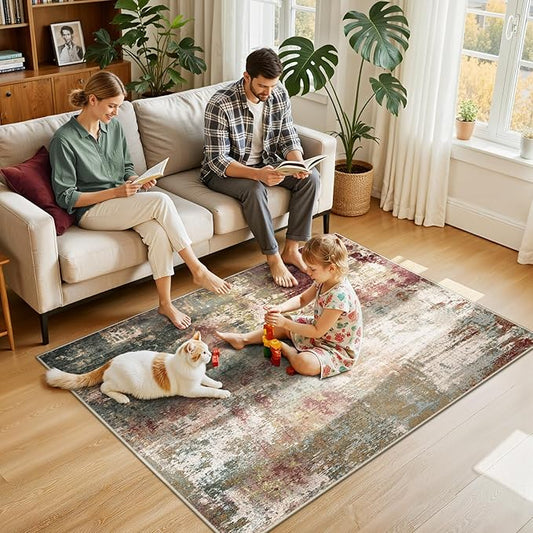 Washable Area Rugs 4'x6' Non-Slip Modern Abstract Soft for Living Room Entryway Bedroom Nursery, Print Pattern, Brown Rust Red Multi