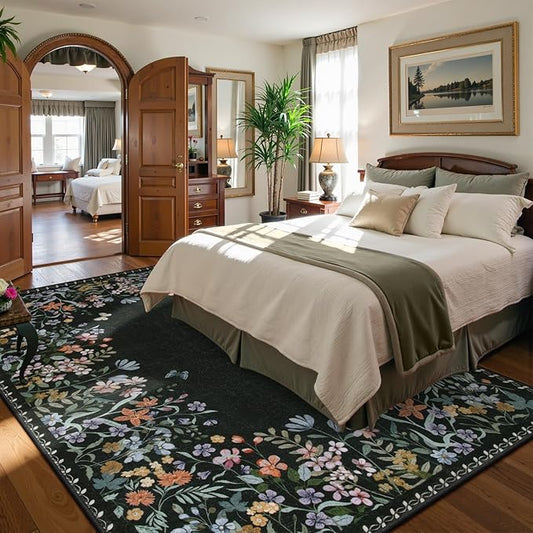 Lahome Boho Floral Black Washable 8x10 Area Rugs for Living Room, Non Slip Rugs for Bedroom, Indoor Throw Dining Room Carpet for Under Table Home Office Playroom(Black,8x10)