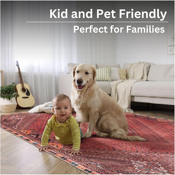 Bloom Rugs Washable Non-Slip 6' x 9' Rug - Red/Multicolor Traditional Bordered Area Rug for Living Room, Bedroom, Dining Room, and Kitchen - Exact Size: 6' x 9'