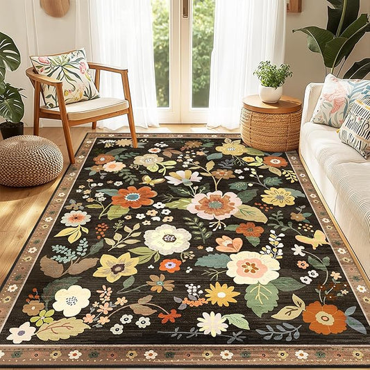 Floral 4x6 Area Rug Machine Washable Soft Print Boho Carpet Non Slip Doormat Low Pile Flower Area Rugs for Living Room Bedroom Nursery Kitchen Dining Room Indoor-Black/Yellow/Red