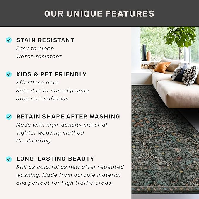 Dark Green 2 x 8 Runners for Hallways, 8ft Long Floor Runner for Kitchen, Entryway Indoor, Washable Non Skid Rubber Backing Stain Resistant - Vintage Floral Décor