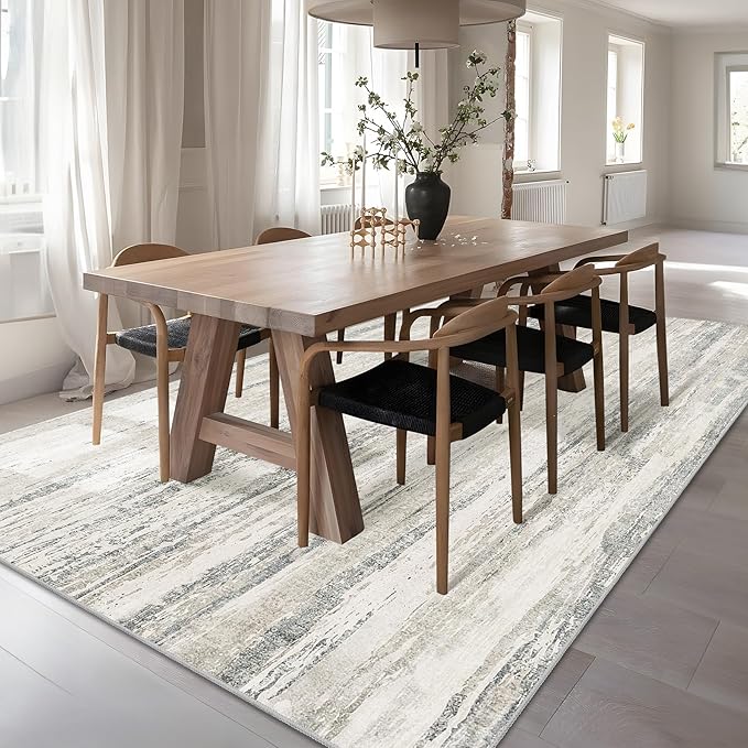MUJOO 6x9 Area Rugs Washable,Modern Abstract Rugs for Living Room Bedroom Dining Room,Large Non Slip Throw Carpet Indoor,Low Pile Accent Neutral Beige and Grey